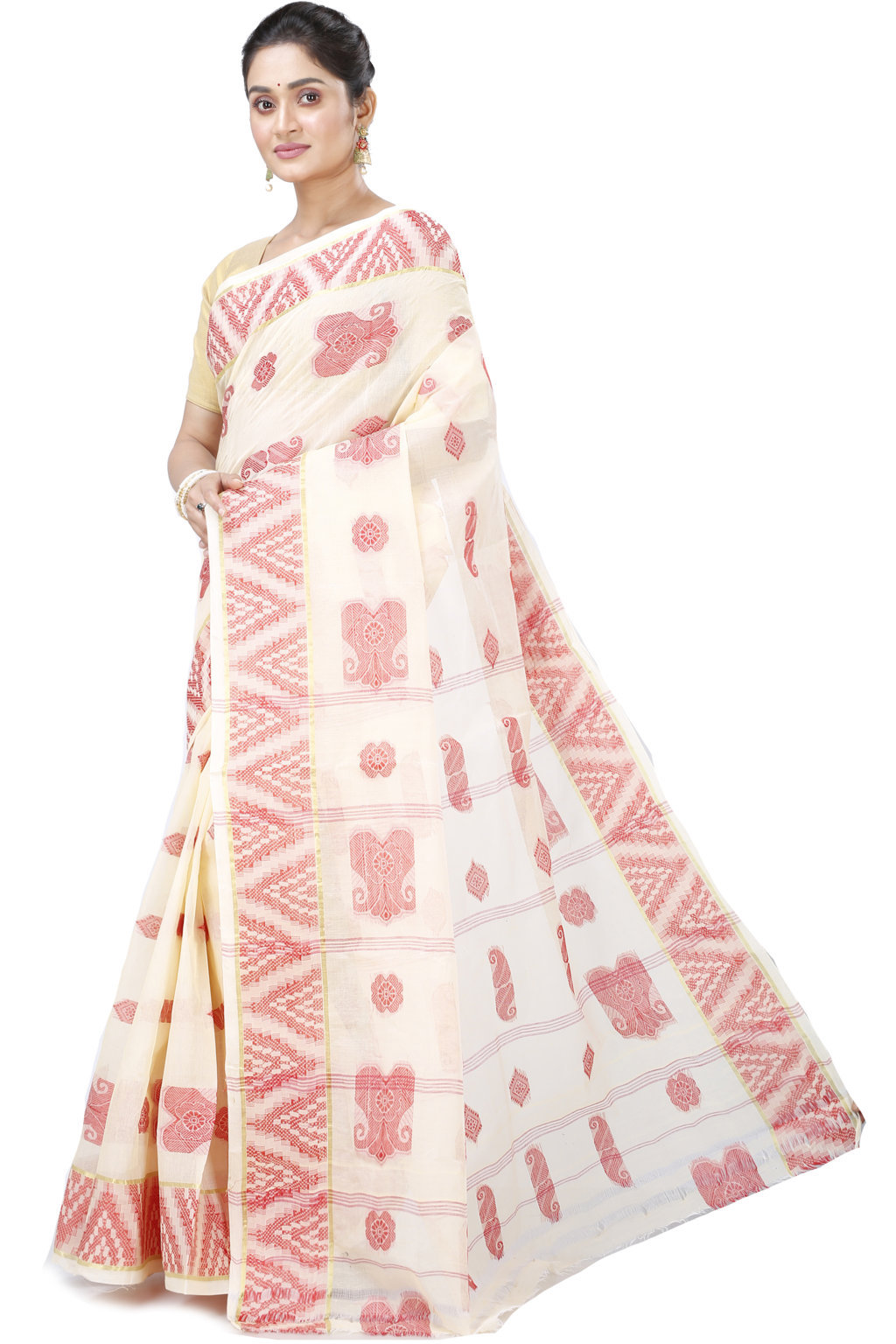 White Red Pure Cotton Gargi Tant Saree (914)